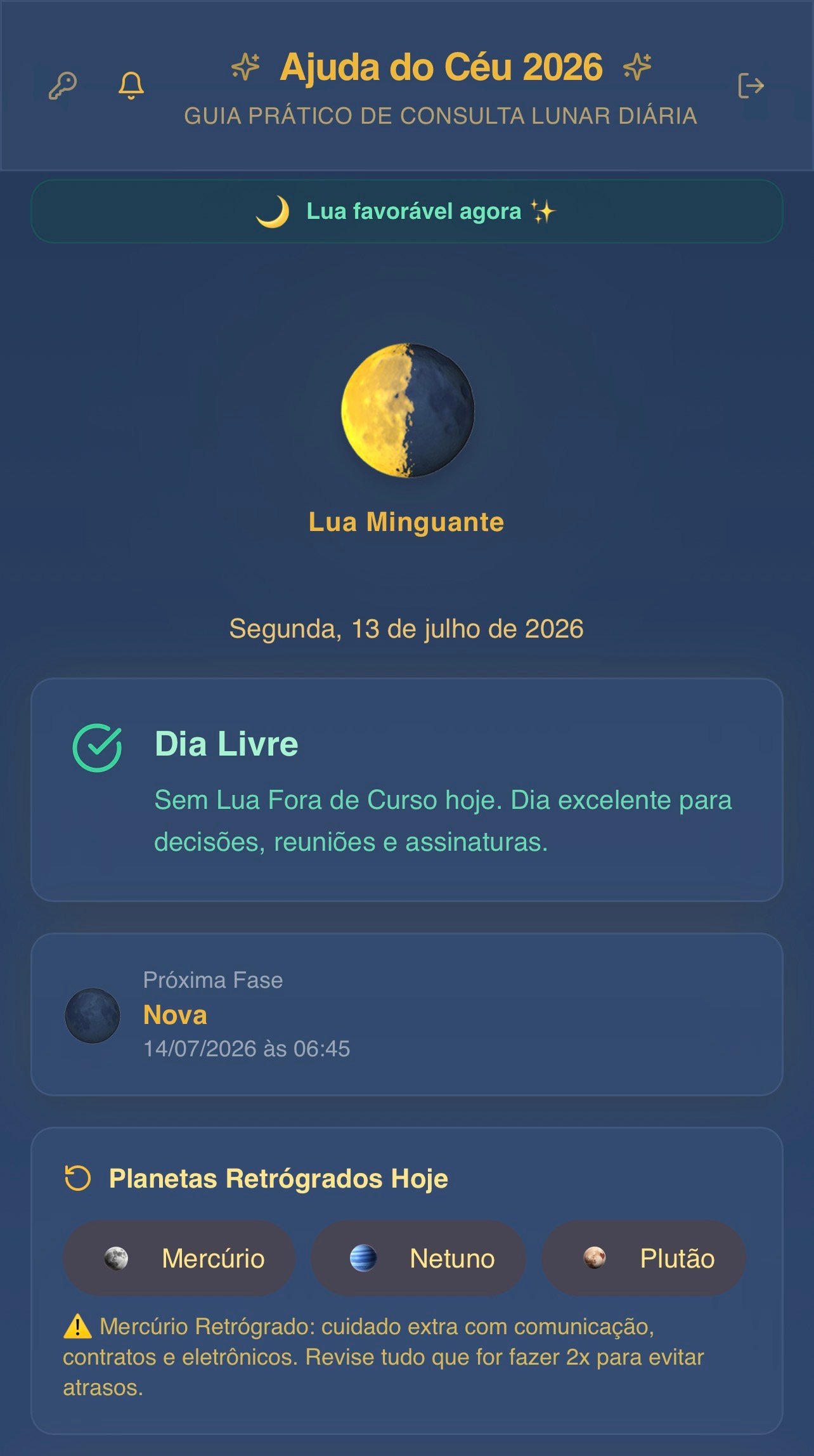 Tela do Ajuda do Céu 2026 com status do dia e fase da Lua