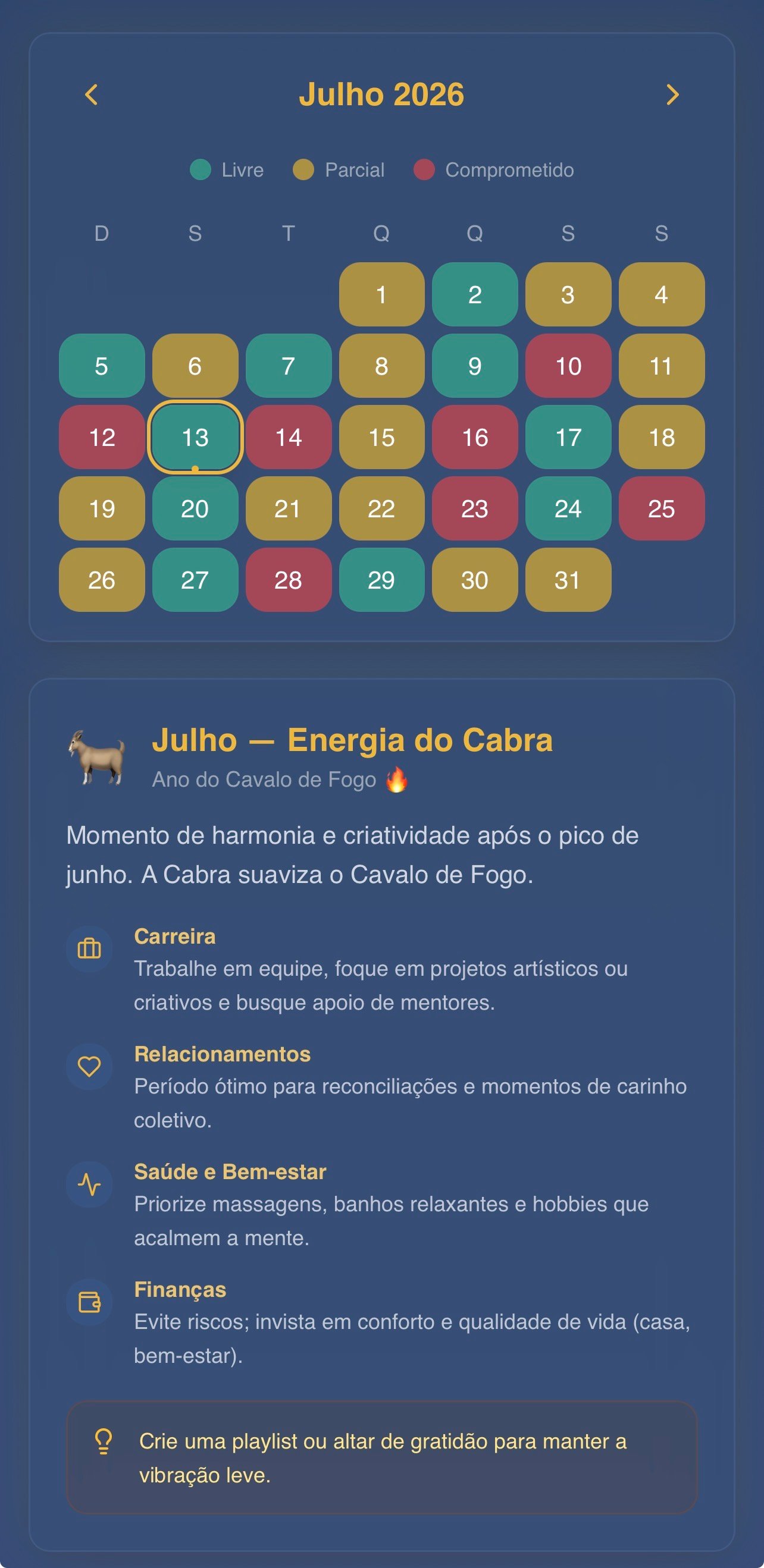 Tela do Ajuda do Céu 2026 com calendário mensal colorido
